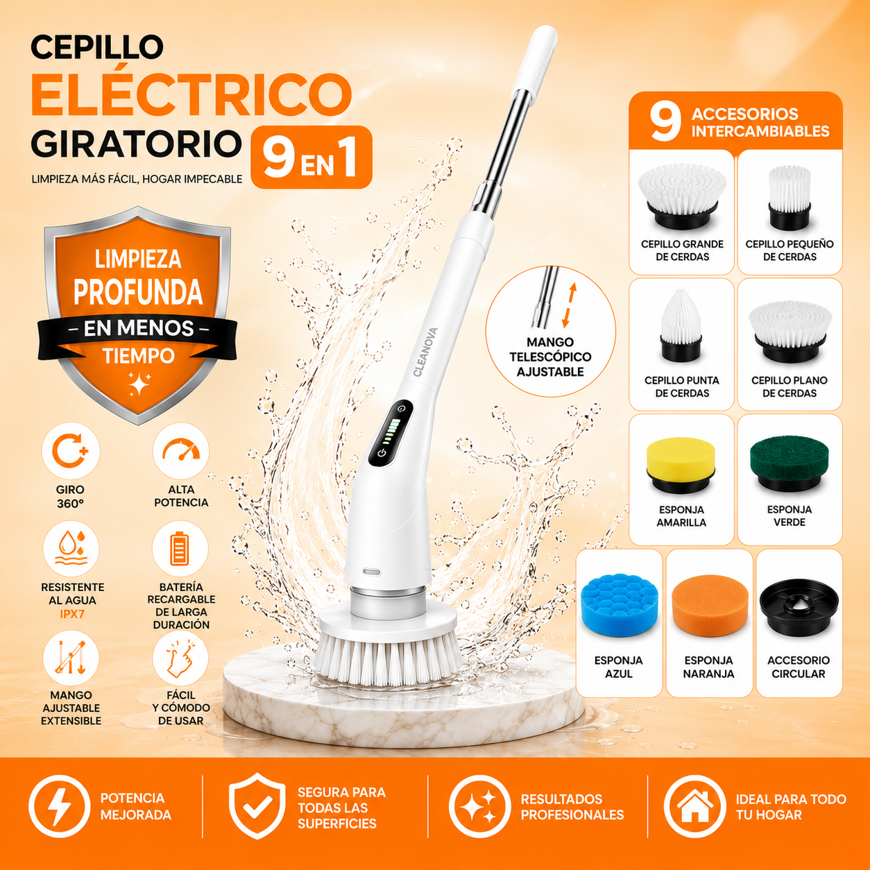 Cepillo Eléctrico Giratorio 9 en 1: Limpia Baños, Cocina y Azulejos sin Esfuerzo